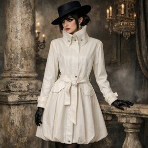 Samuel Dong Ivory Bubble Hem Trench Coat M Funnel Neck Fit & Flare Avant Garde